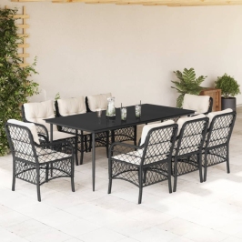 Set de comedor de jardín 9 pzas y cojines ratán sintético negro