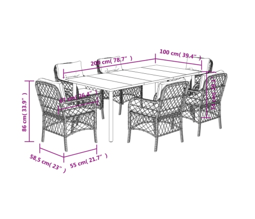 Set de comedor de jardín 7 pzas y cojines ratán sintético negro