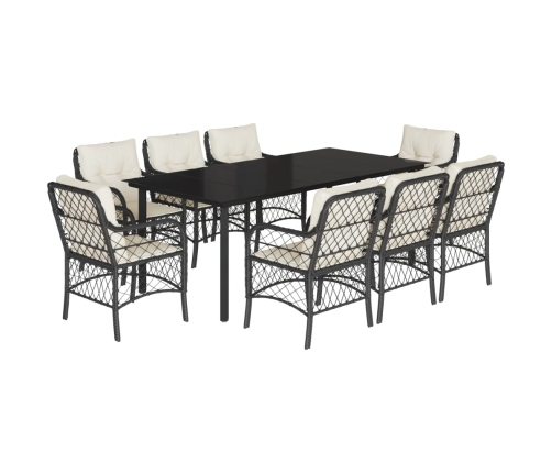 Set de comedor de jardín 9 pzas y cojines ratán sintético negro