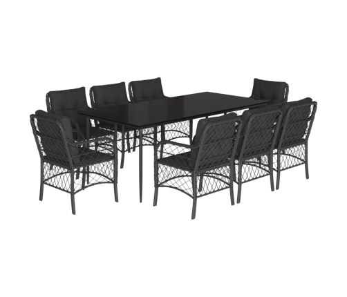 Set de comedor de jardín 9 pzas y cojines ratán sintético negro