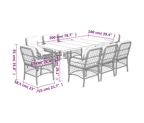 Set de comedor de jardín 9 pzas y cojines ratán sintético negro