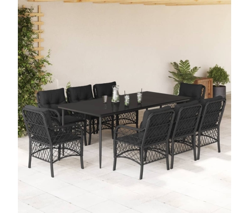 Set de comedor de jardín 9 pzas y cojines ratán sintético negro