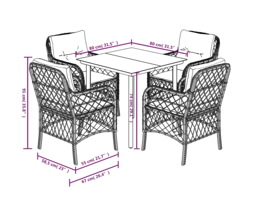 Set de muebles jardín 5 pzas con cojines ratán sintético negro