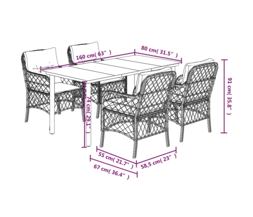 Set de muebles jardín 5 pzas con cojines ratán sintético negro