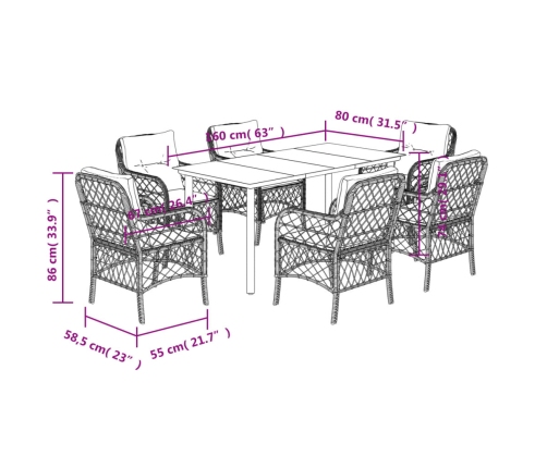 Set de comedor de jardín 7 pzas y cojines ratán sintético negro