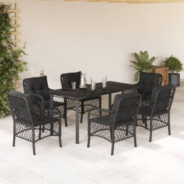 Set de comedor de jardín 7 pzas y cojines ratán sintético negro