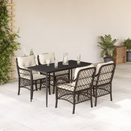 Set comedor de jardín 5 piezas y cojines ratán sintético marrón