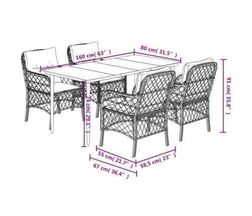 Set comedor de jardín 5 piezas y cojines ratán sintético marrón