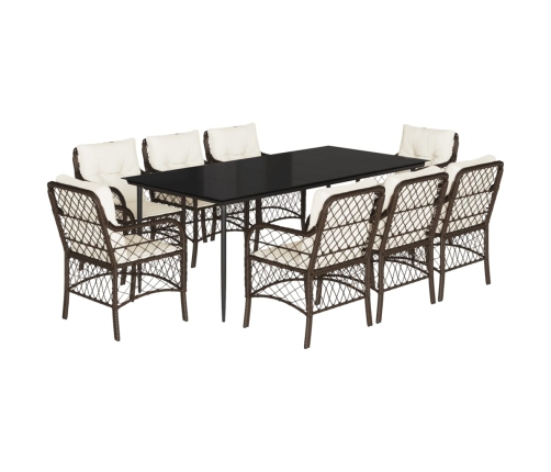 Set comedor para jardín 9 pzas y cojines ratán sintético marrón