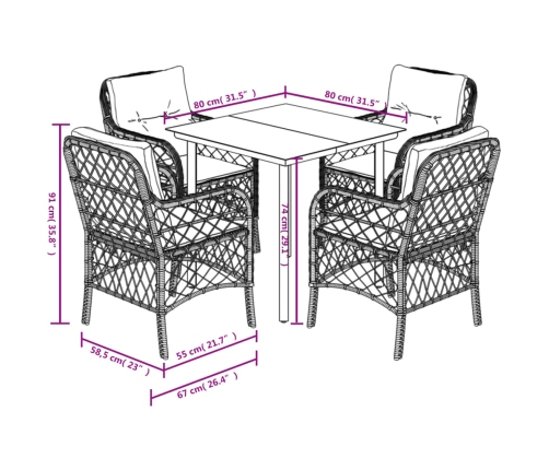 Set comedor de jardín 5 piezas y cojines ratán sintético marrón