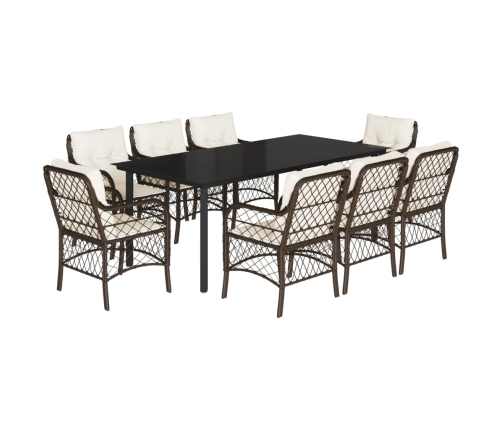 Set comedor para jardín 9 pzas y cojines ratán sintético marrón