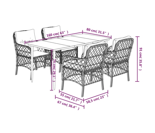 Set comedor de jardín 5 piezas con cojines ratán sintético gris