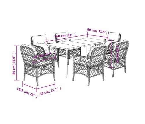 Set comedor jardín 7 pzas y cojines ratán sintético gris