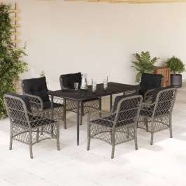 Set comedor jardín 7 pzas y cojines ratán sintético gris
