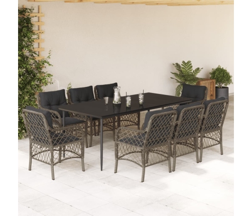 Set comedor jardín 9 pzas y cojines ratán sintético gris