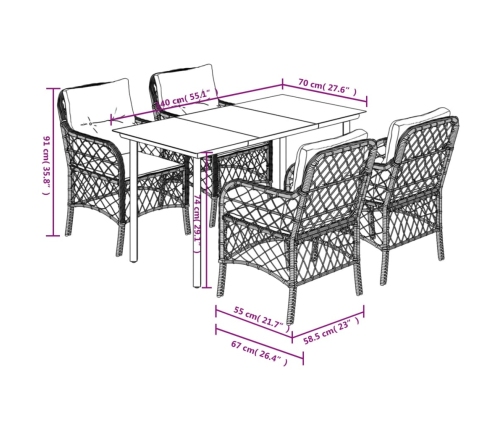 Set comedor de jardín 5 piezas con cojines ratán sintético gris