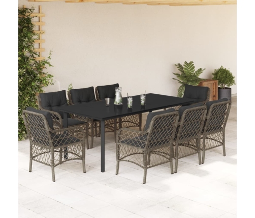 Set comedor jardín 9 pzas y cojines ratán sintético gris