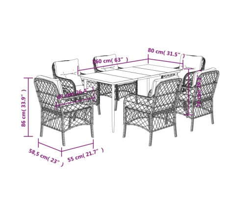 Set comedor de jardín 7 pzas con cojines ratán sintético beige