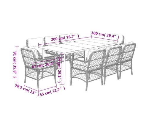 Set comedor de jardín 9 pzas con cojines ratán sintético beige
