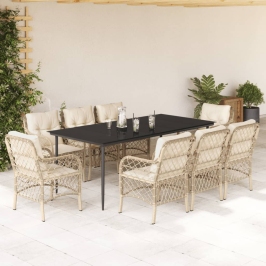 Set comedor de jardín 9 pzas con cojines ratán sintético beige