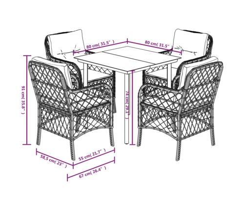 Set comedor de jardín 5 pzas con cojines ratán sintético beige