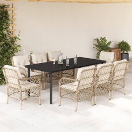 Set comedor de jardín 9 pzas con cojines ratán sintético beige