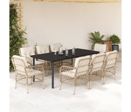 Set comedor de jardín 9 pzas con cojines ratán sintético beige