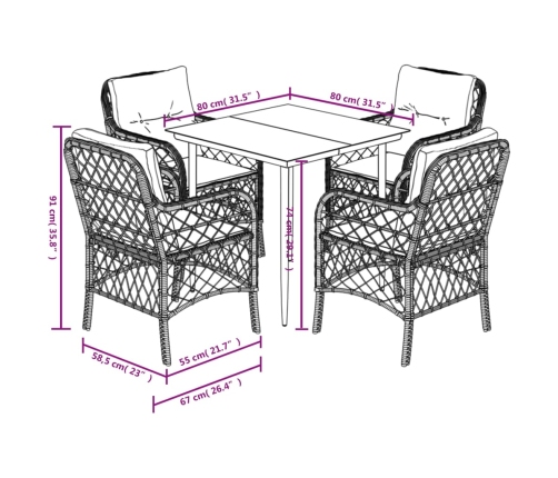 Set comedor de jardín 5 pzas con cojines ratán sintético beige