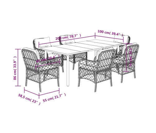 Set comedor de jardín 7 pzas con cojines ratán sintético beige