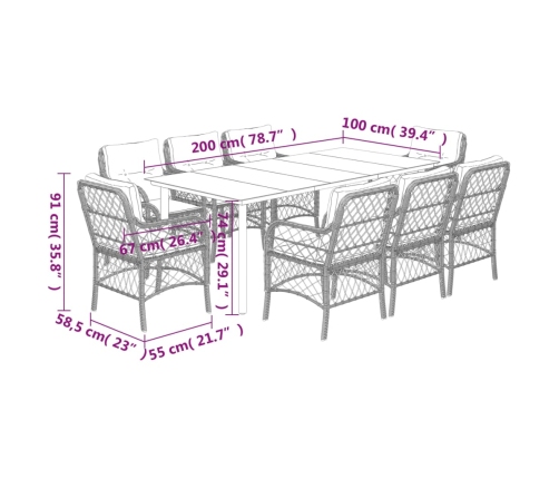 Set comedor de jardín 9 pzas con cojines ratán sintético beige