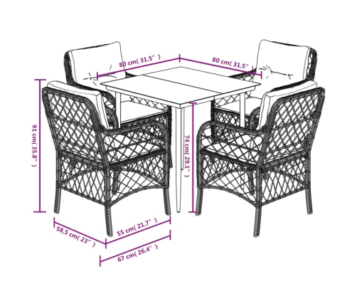 Set comedor de jardín 5 pzas cojines ratán sintético gris claro