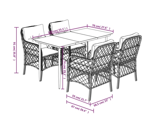 Set comedor de jardín 5 pzas cojines ratán sintético gris claro