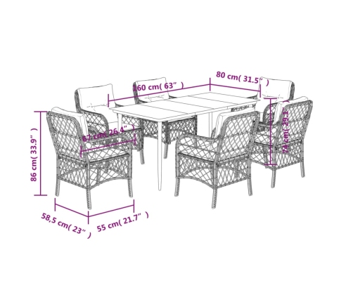 Set comedor jardín 7 pzas y cojines ratán sintético gris claro