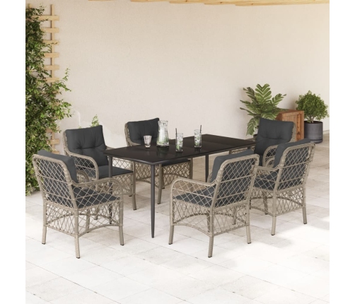 Set comedor jardín 7 pzas y cojines ratán sintético gris claro
