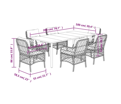 Set comedor jardín 7 pzas y cojines ratán sintético gris claro