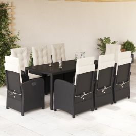 Set de comedor de jardín 9 pzas y cojines ratán sintético negro