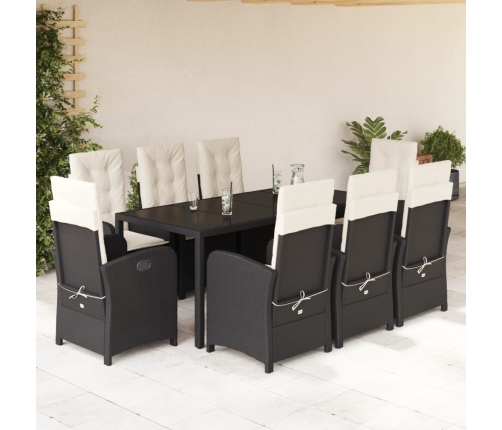 Set de comedor de jardín 9 pzas y cojines ratán sintético negro