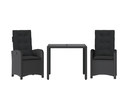 Set comedor de jardín 3 pzas con cojines ratán sintético negro