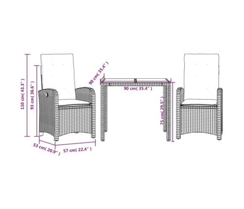 Set comedor de jardín 3 pzas con cojines ratán sintético negro
