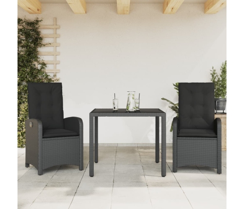 Set comedor de jardín 3 pzas con cojines ratán sintético negro