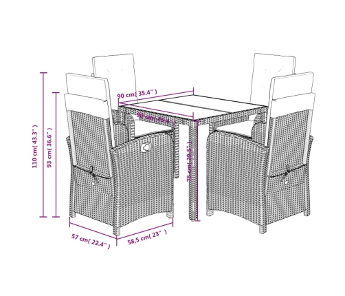 Set de muebles jardín 5 pzas con cojines ratán sintético negro