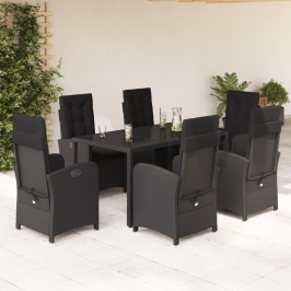 Set de comedor de jardín 7 pzas y cojines ratán sintético negro