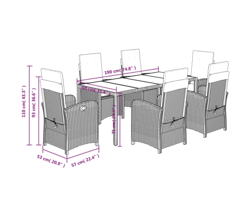 Set de comedor de jardín 7 pzas y cojines ratán sintético negro