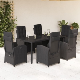 Set de comedor de jardín 7 pzas y cojines ratán sintético negro