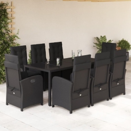 Set de comedor de jardín 9 pzas y cojines ratán sintético negro