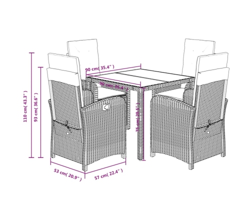 Set comedor de jardín 5 piezas con cojines ratán sintético gris