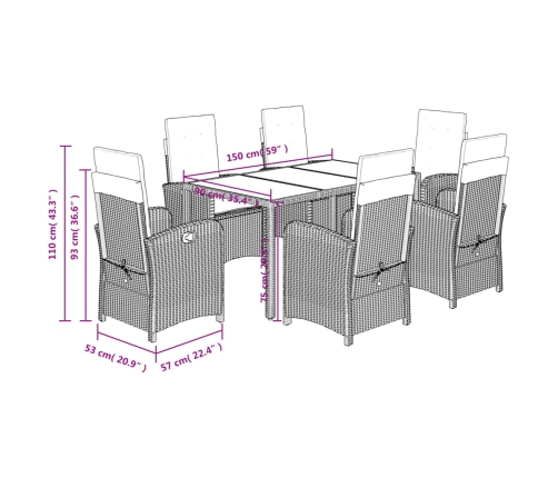 Set comedor jardín 7 pzas y cojines ratán sintético gris