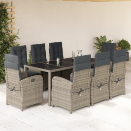 Set comedor jardín 9 pzas y cojines ratán sintético gris