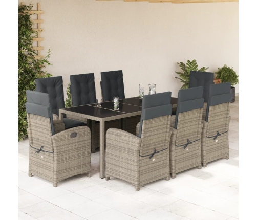 Set comedor jardín 9 pzas y cojines ratán sintético gris