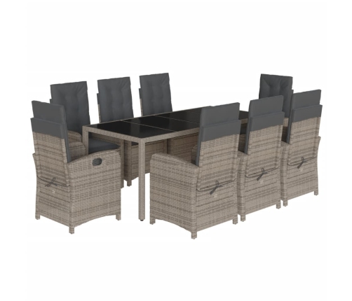 Set comedor jardín 9 pzas y cojines ratán sintético gris
